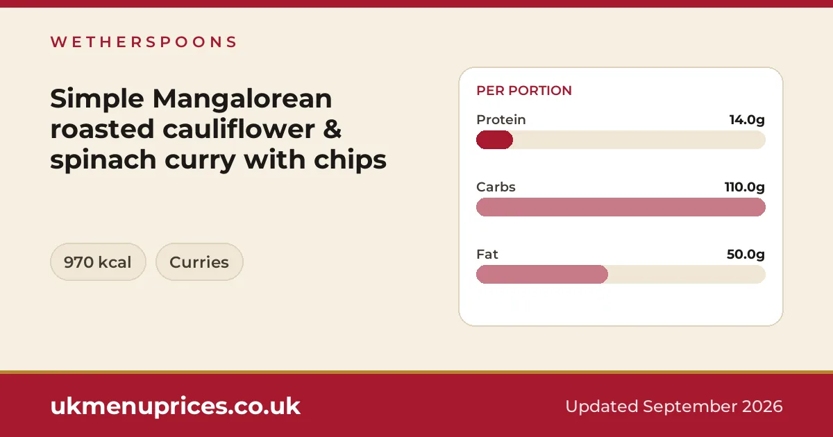 Wetherspoons Simple Mangalorean roasted cauliflower & spinach curry with chips