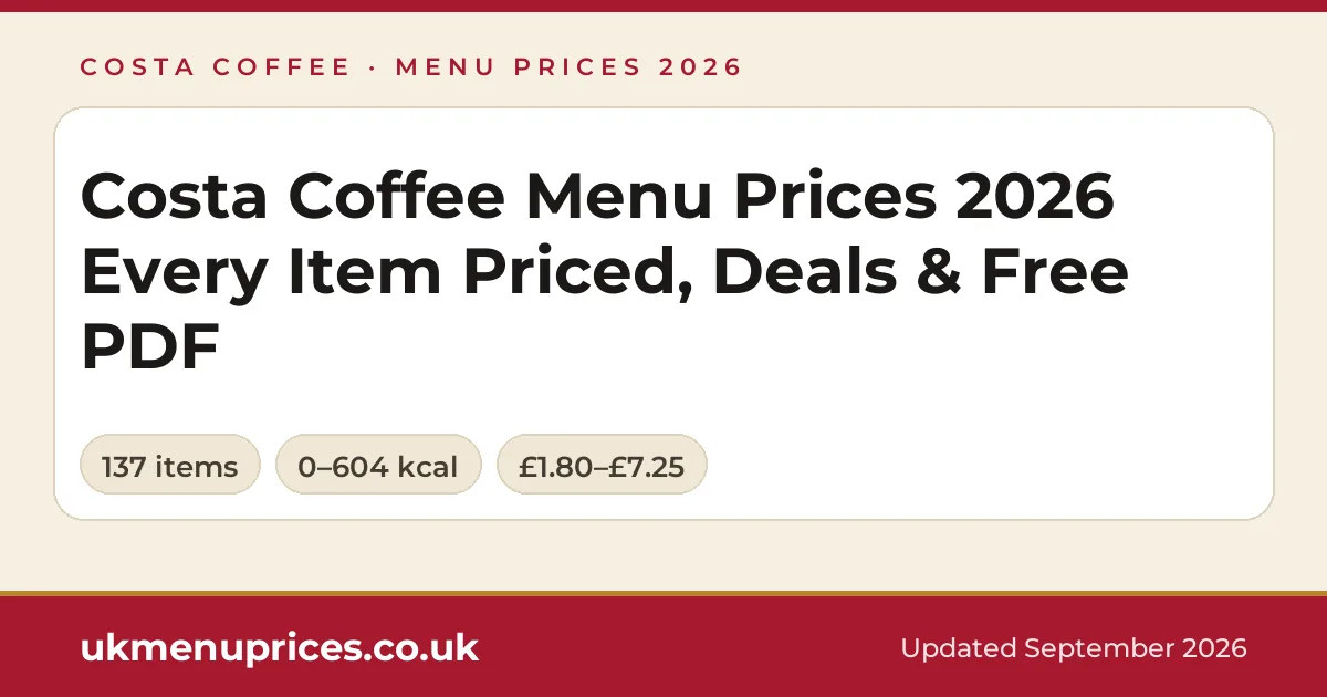 Costa Coffee menu prices