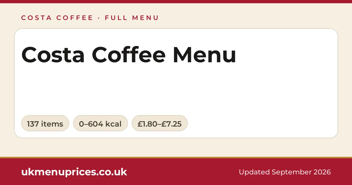 Costa Coffee menu